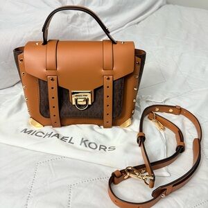 MICHAEL Michael Kors Manhattan Medium Leather & Logo Satchel – Brown/Tan